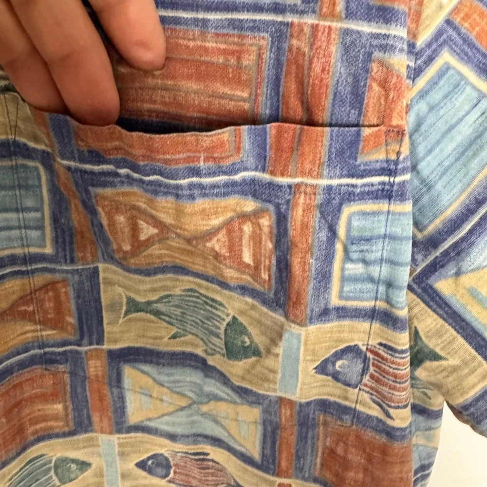 Cooke Street Honolulu Mens XL Cotton Geometric Fish‎ Print Shirt Blue